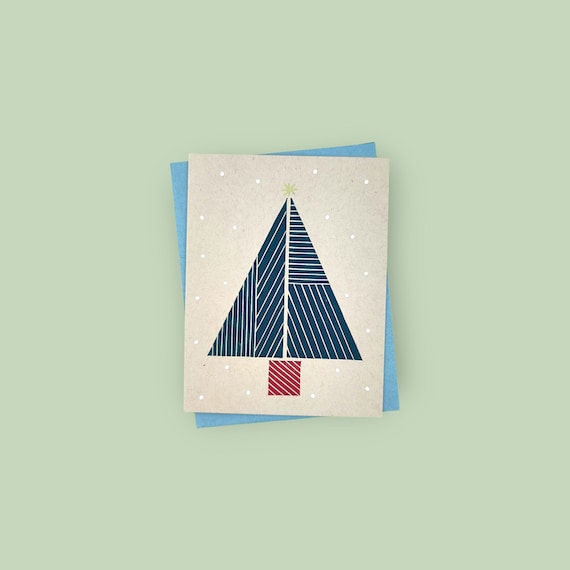 Handprinted linocut Christmas tree card - 100% recycled paper and sustainable ink