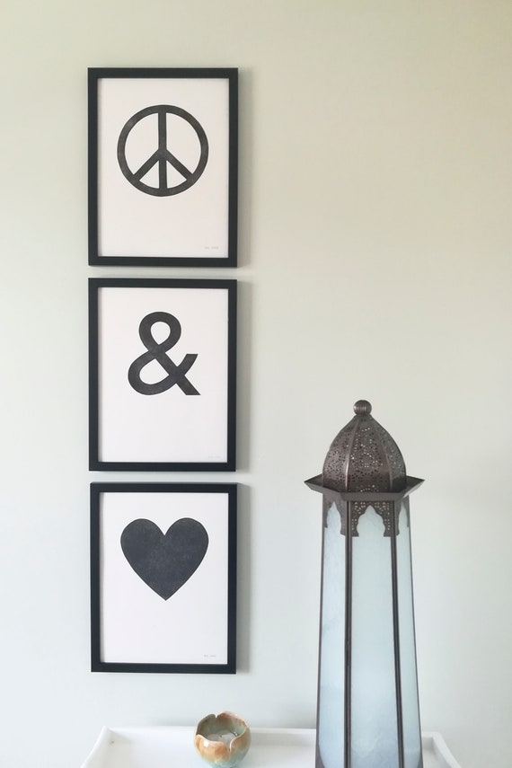 Peace & Love set of 3 - original linocut prints - 9" x 12" each