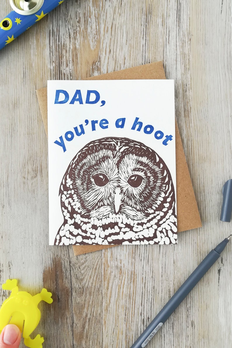 Handprinted linocut owl card for dad 100% recycled paper and sustainable ink image 8