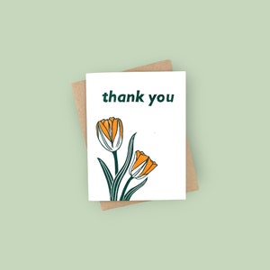 Handprinted linocut thank you with tulips card - 100% recycled paper and sustainable inks