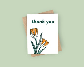 Handprinted linocut thank you with tulips card