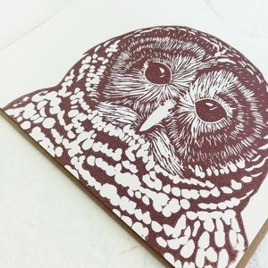 Handprinted linocut barred owl card 100% recycled paper and sustainable ink image 5