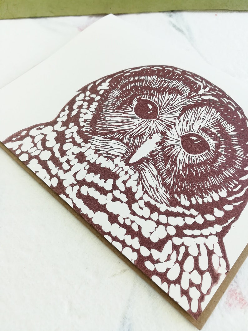 Handprinted linocut barred owl card 100% recycled paper and sustainable ink image 5