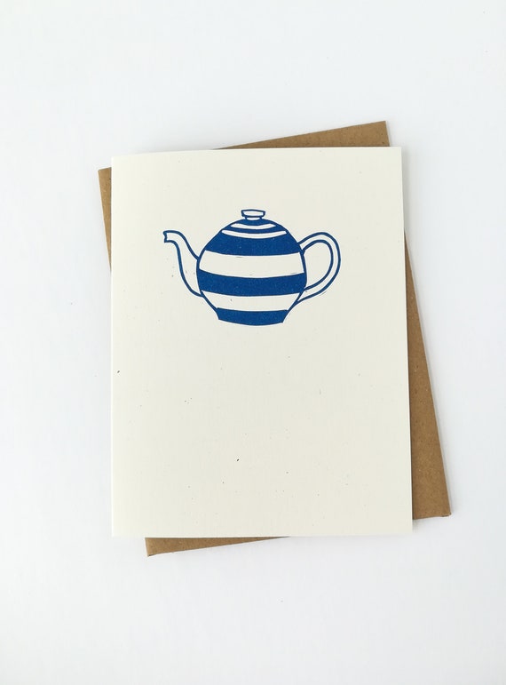 Handprinted linocut teapot card