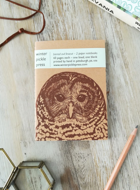 Handprinted barred owl notebook set