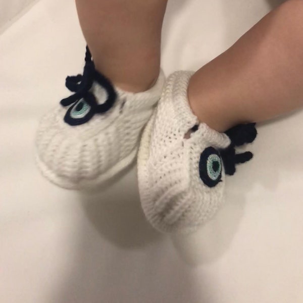 Turkish Evil Eye Newborn Unisex Baby Shoes - Handmade Gray Crochet Booties - Unique Gift for Baby