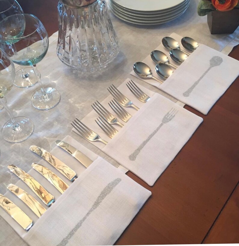 Linen Cutlery Cover / Cutlery Pouch / Set of 3 / White Linen Tableware / Knife Spoon Fork Cover