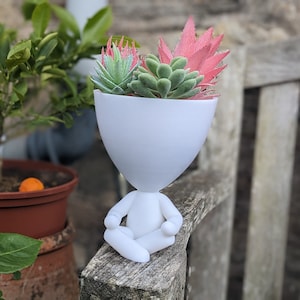 Puede incluir: Maceta de cerámica blanca con forma de persona sentada en posición de meditación, sosteniendo una maceta de suculentas con hojas rosas y verdes. La maceta está sentada sobre una superficie de madera.