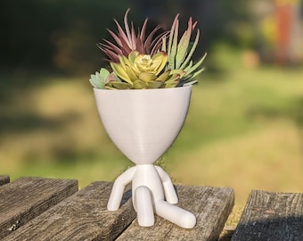 May include: A white, human-shaped planter filled with succulents. The planter has a rounded head and body with legs extended. The succulents are green, purple, and yellow. The planter is on a weathered wooden surface.