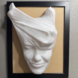 May include: A white plaster sculpture of a face with a white cloth draped over the head. The sculpture is framed in a black frame and mounted on a beige background.
