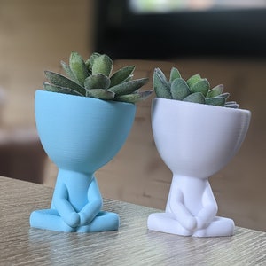 Peut inclure: Deux petits pots en céramique en forme de personnes assises en position de méditation. Le pot de gauche est bleu clair et le pot de droite est blanc. Les deux pots ont des succulentes vertes qui poussent à l'intérieur.