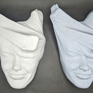 May include: Two white plaster sculptures of faces with fabric draped over them. One sculpture is white and the other is light blue.