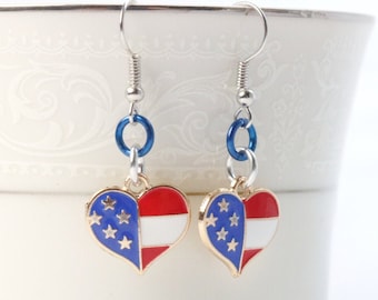 Pendientes con dije de corazón patriótico, EE. UU., rojo, blanco y azul
