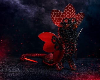 Handmade Chainmail Dragon: Red & Black Aluminum Rings, Display Pet