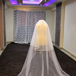 Bridal Veil Satin ribbon Trim, Satin white veil, 2 Layer Veil satin edge, Simple sheer veil, ivory double tire Veil, pencil edge veil