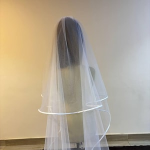 Bridal 2 layers Veil: 2 Tiers Chapel Veil Satin Ribbon Edge, satin trim blusher veil