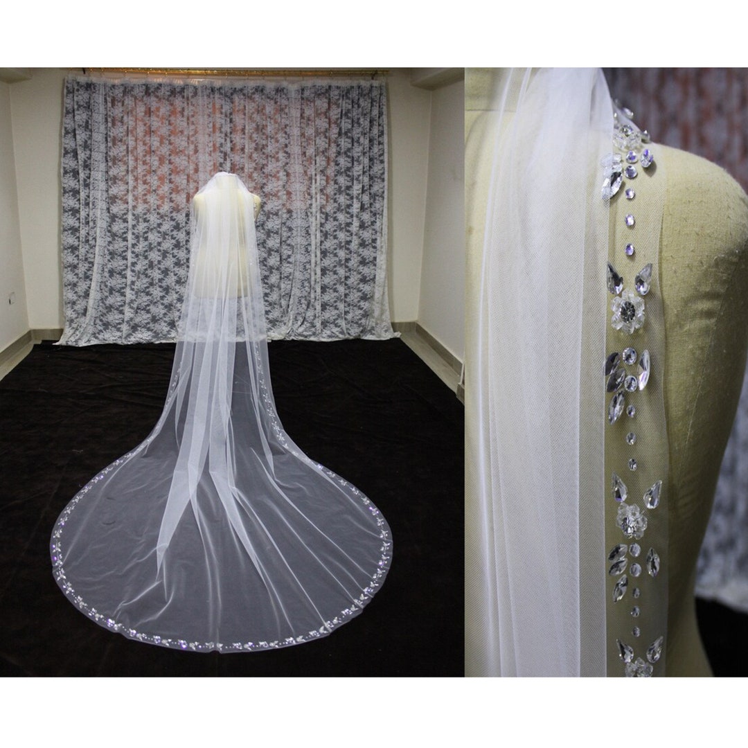 Bridal Veil Crystals Edge Wedding Veil Rhinestones Edge Etsy