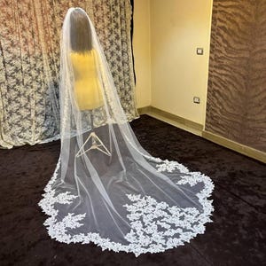 Velo da sposa reale di 7 metri, velo bianco di pizzo, velo d&#39;avorio di 5 metri, velo di pizzo della cattedrale, velo da sposa reale l