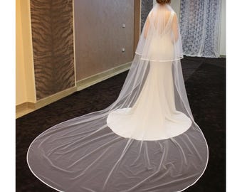 Satin Ribbon Trim Bridal Veil: 2-Layers Sheer Ivory Veil, Blusher Veil satin edge, 2 tiers satin veil