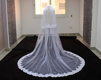 Mantilla Veil Lace edge, Lace Veil with Blusher, mantilla Cathedral Veil, wedding Veil Lace Trim, Veil with Lace, veil light ivory for bride