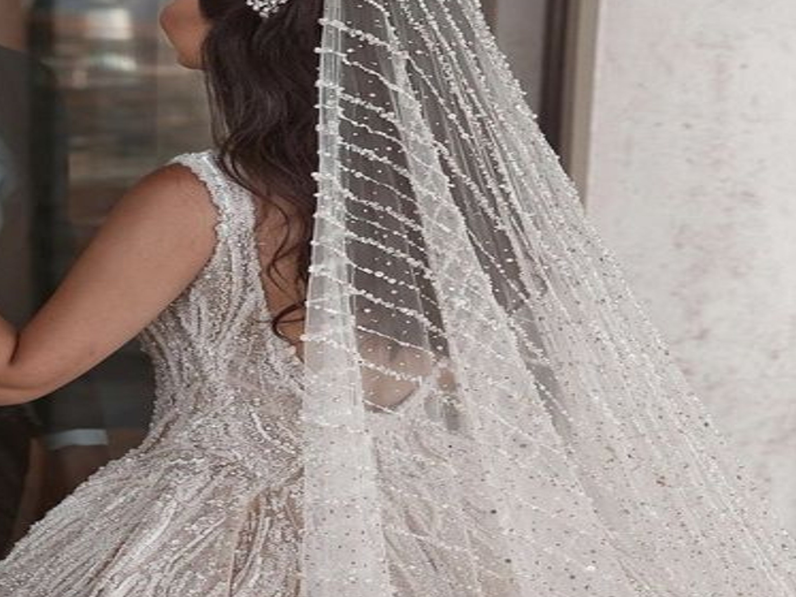 VeilshopBoutique Bridal Veil with Beads, Rhinestone Ivory Veil, Beaded Edge Cathedral Veil, White Crystal Beads Long Veil, Rhinestone Beaded Veil Bride