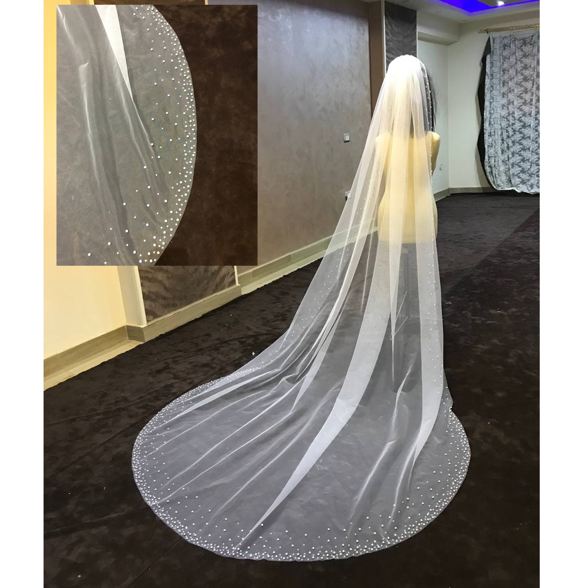 Cathedral Pearl Wedding Veil 2 pin in pieces over 11’ white pearls unworn Pearl Bridal Veil, Pearl Embellished Two Tier Cathedral Veil  main image 4