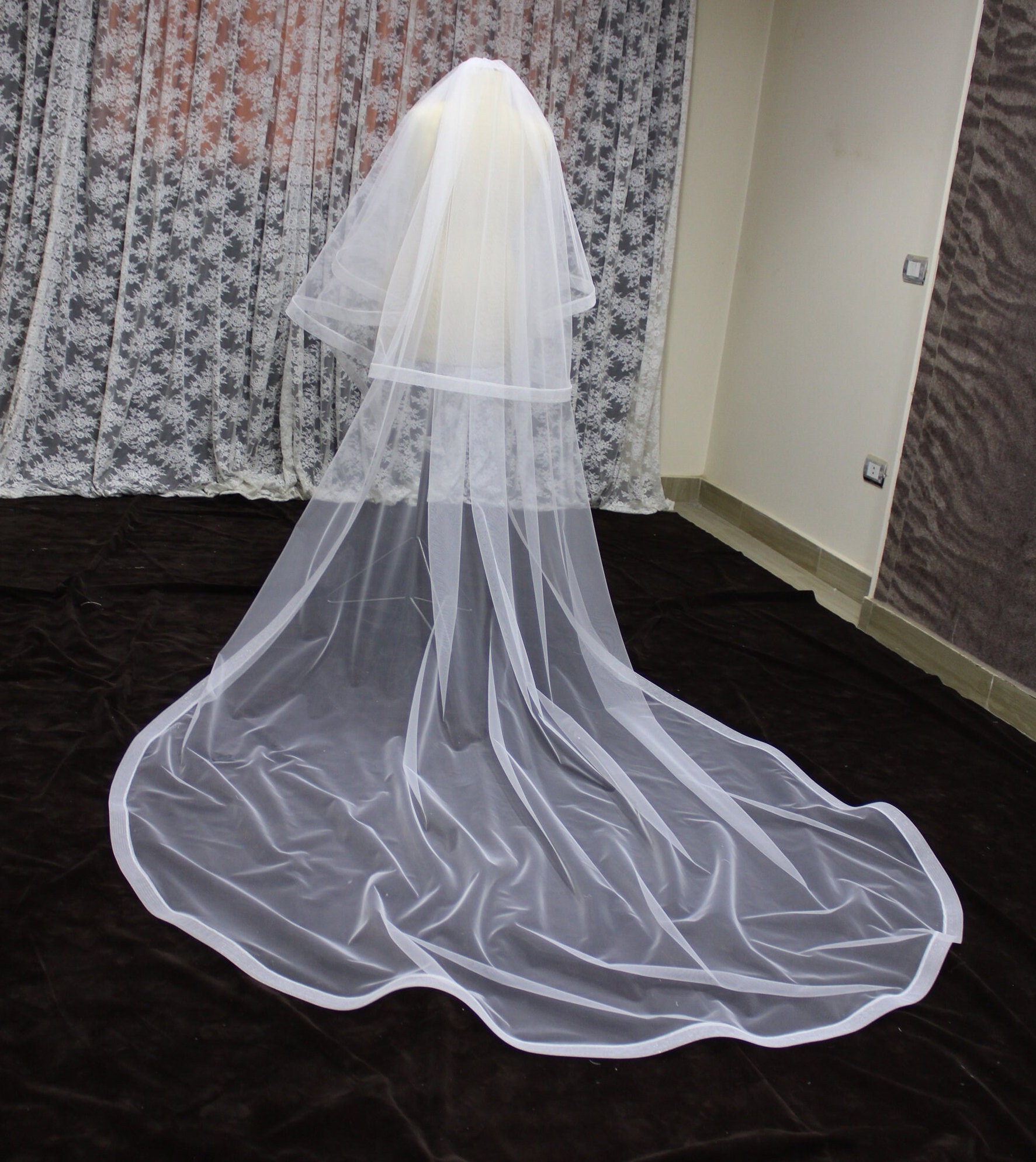 Brand New Two Tier Horsehair Edge Wedding Veil + Blusher | Premium Bridal Tulle Drop Cathedral Wedding Veil with Horsehair Ribbon & Blusher  main image 4