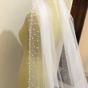 bridal Veil pearls edge, Cathedral Veil Pearls trim, ivory Veil with 2 sizes of pearls, cathedral Veil, Bridal Beaded Veil chapel length