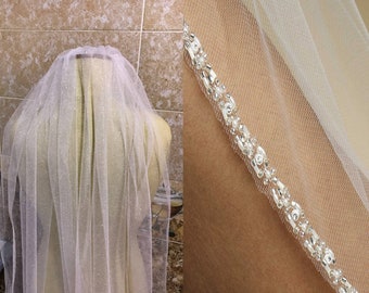 Bridal Veil Glitter Tulle, Fingertip Beaded Wedding Veil, Veil With beads Edge, Wedding Veil With Sparkling Crystals
