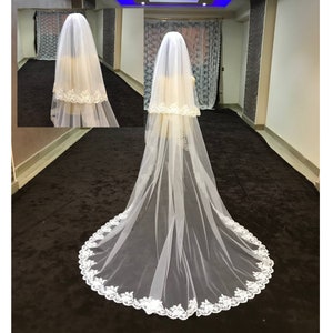 bridal Lace Veil 2 layers, Blusher Cathedral lace Veil, 2 Layers Lace Veil, Veil Lace Edge, royal lace Veil, church Veil lace Trim