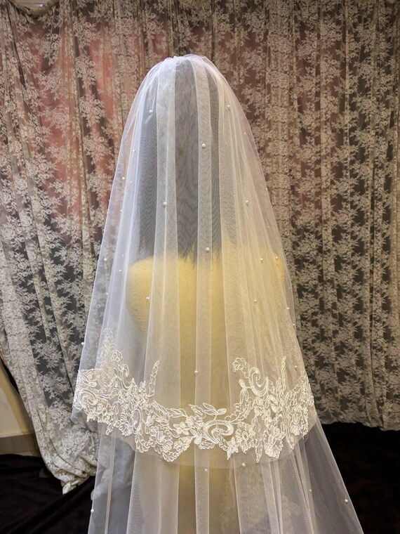 Two tiered veil with delicate lace, pearls in blusher Elegant Two-Tier Pearl Bridal Veil – Tessa Kim main image 2