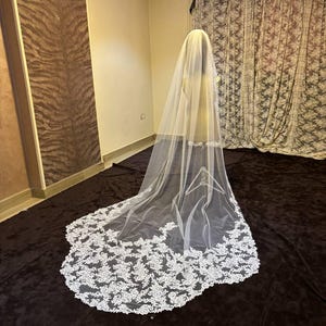 Velo da sposa reale di 7 metri, velo bianco di pizzo, velo d&#39;avorio di 5 metri, velo di pizzo della cattedrale, velo da sposa reale l