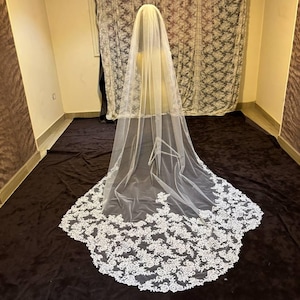Velo da sposa reale di 7 metri, velo bianco di pizzo, velo d&#39;avorio di 5 metri, velo di pizzo della cattedrale, velo da sposa reale l