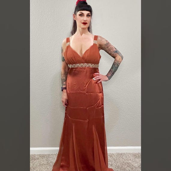 Vintage Bronze Silk Chiffon Halter Dress: Art Deco Formal Gown - Etsy Israel