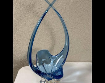 1960s Vintage Cobalt Basket Chalet Art Glass High Twist MCM Heavy Abstract