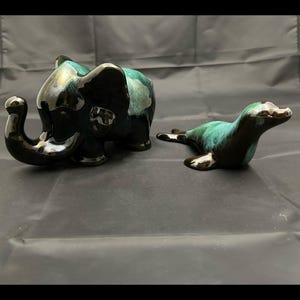 60s Hull Pottery Figurines Elephant Seal MCM Collectibles Blue Green HTF Set of 2