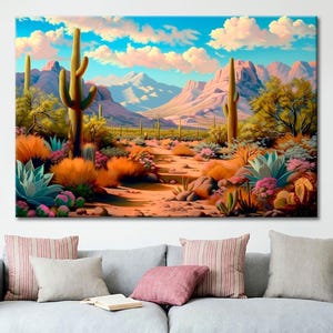 Desert cactus canvas wall art Boho wall decor Southwestern art Arizona mountain large wall art Housewarming gift