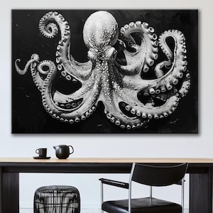 Octopus Wall Art Nautical Marine Animal Print Monochrome Ocean Creature Decor Modern Sea Life Artwork Black White Canvas Wall Art