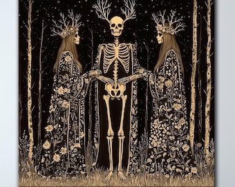 May include: A square wall art print featuring a central skeleton with antlers standing between two figures wearing long, dark, floral-patterned robes and antler crowns. The scene is set in a dark forest at night with a starry sky background.