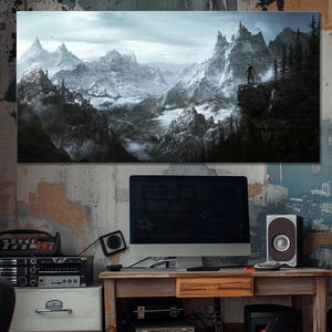 May include: A large canvas print depicting a mountainous landscape hangs above a wooden desk. A computer monitor, speakers, and a guitar are on the desk. A stereo system and drawers are to the left. A second guitar leans against the wall.