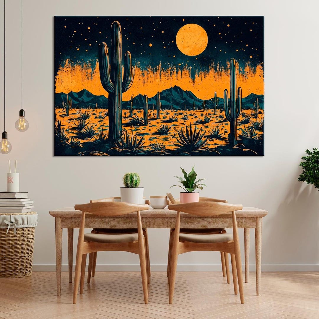 Desert Cactus Wall Art Southwest Night Landscape Canvas Print Saguaro ...