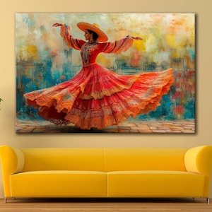 May include: A vibrant painting depicts a woman in a flowing red dress with orange lace trim, dancing. She wears a wide-brimmed hat. The background features a colorful, abstract design with blue, yellow, and orange hues. The artwork is displayed above a yellow sofa.