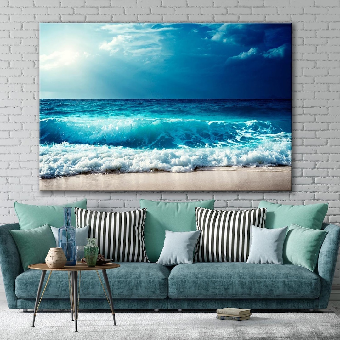 Ocean Wave Wall Art Deep Blue Sea Print Canvas Coastal Stormy Beach ...