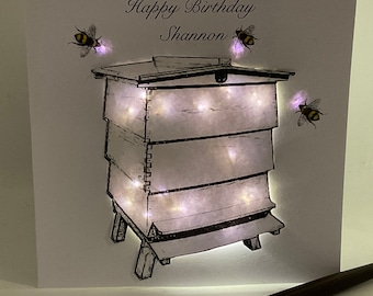 Light up Birthday Card, beehive, bees,  personalised, handmade card. Any age, Daughter, Sister, Mum, Friend,