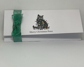 Gepersonaliseerde kerstgeld-portemonneekaart | Geldhouder | Cadeaukaart met eigen naam | Geld envelop | Cadeau | Kat met kerstverlichting
