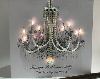 Biglietto d'auguri illuminato, lampadario, biglietto personalizzato fatto a mano. Qualsiasi età, figlia, sorella, mamma, amica,