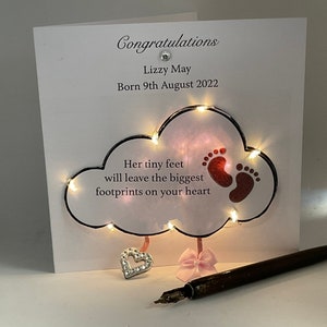 New Baby Girl Cloud Card, personalised, handmade Keepsake, light up card, Daughter, Birth Announcement