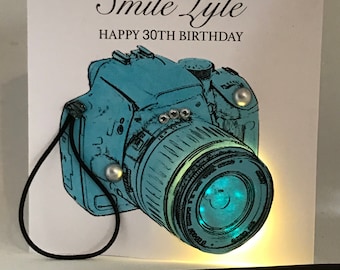 Light Up Birthday Card, Camera, personalised, handmade card. Any age, Daughter, Sister, Mum, Friend,