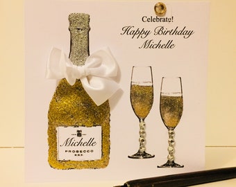 Personalised Handmade Prosecco Birthday Card, Special Occasion Card With 3D Ribbon Bombay Sapphire Theme mum//daughter/friend 18th/21st/40th