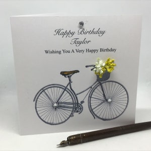 Bicycle with Bouquet of flowers Birthday Card / Personalised Handmade / Daughter Mum Friend 30th 40th 50th image 1